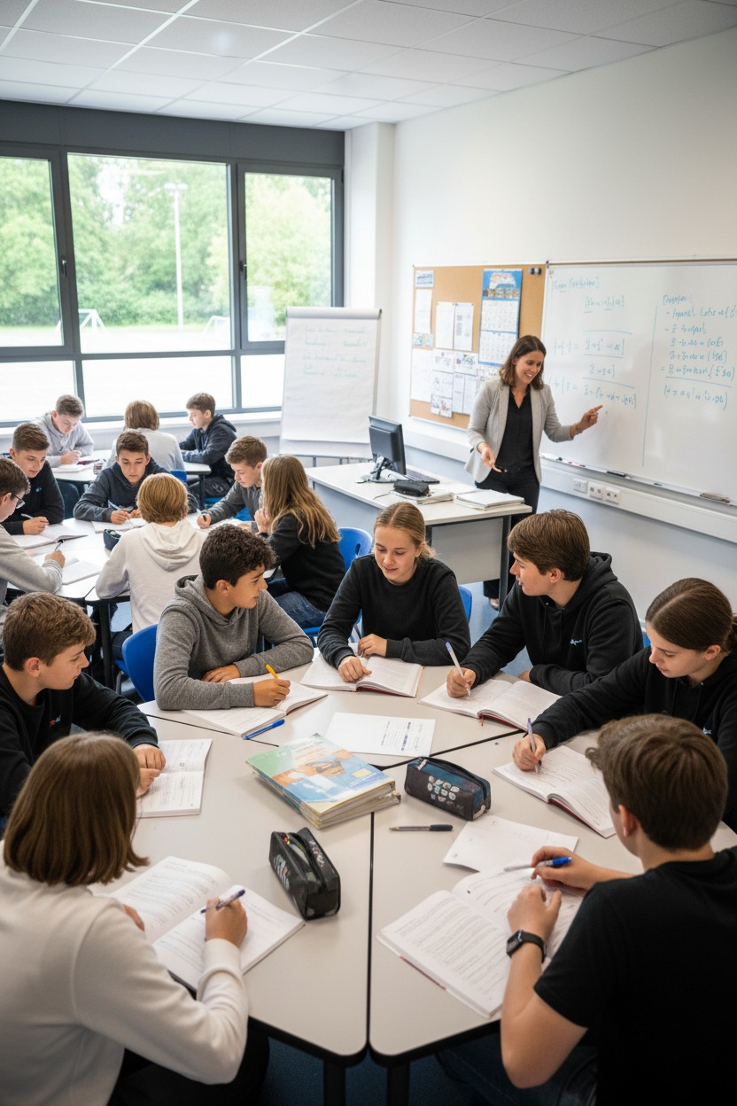 Frau hilft Kind bei den Hausaufgaben an einem gelben Schreibtisch.