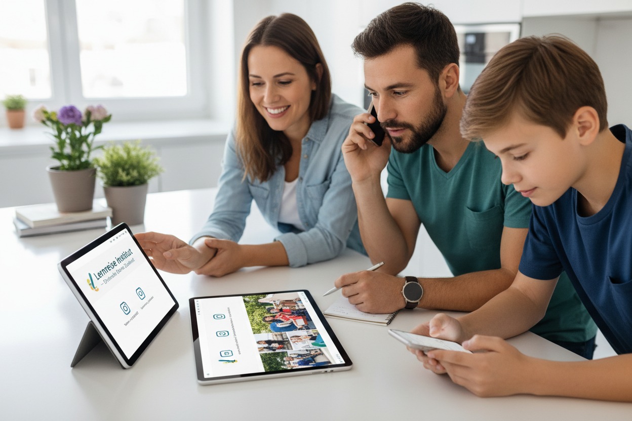 Eine Familie sitzt an einem Tisch und nutzt verschiedene digitale Geräte wie Tablets und Smartphones.