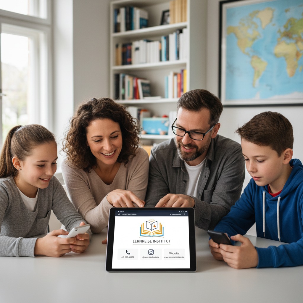Eine vierköpfige Familie sitzt gemeinsam am Tisch und schaut auf ein Tablet mit dem Logo des Lernreise Instituts.