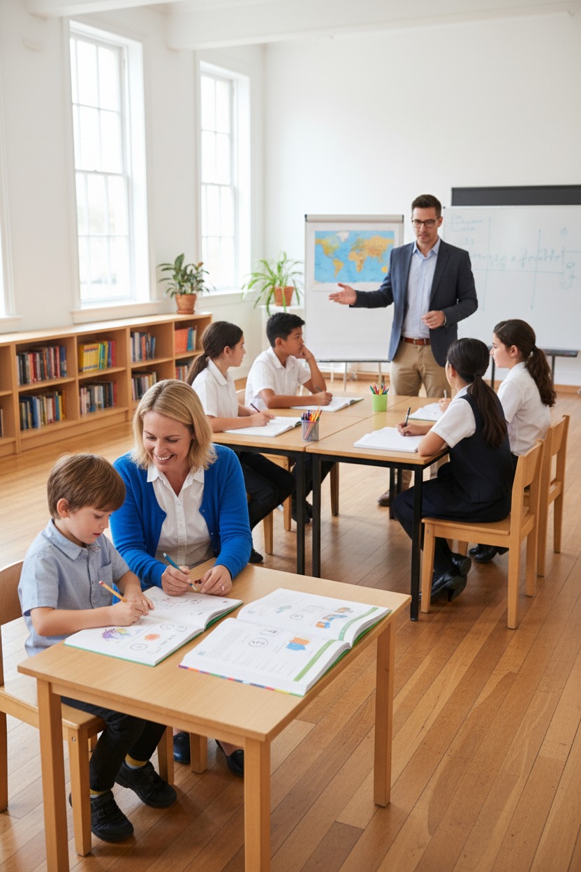 Eine Lehrerin hilft einem Schüler an einem Holztisch in einem hellen Klassenzimmer beim Zeichnen, während im Hintergrund ein Lehrer vor anderen Schülern steht.